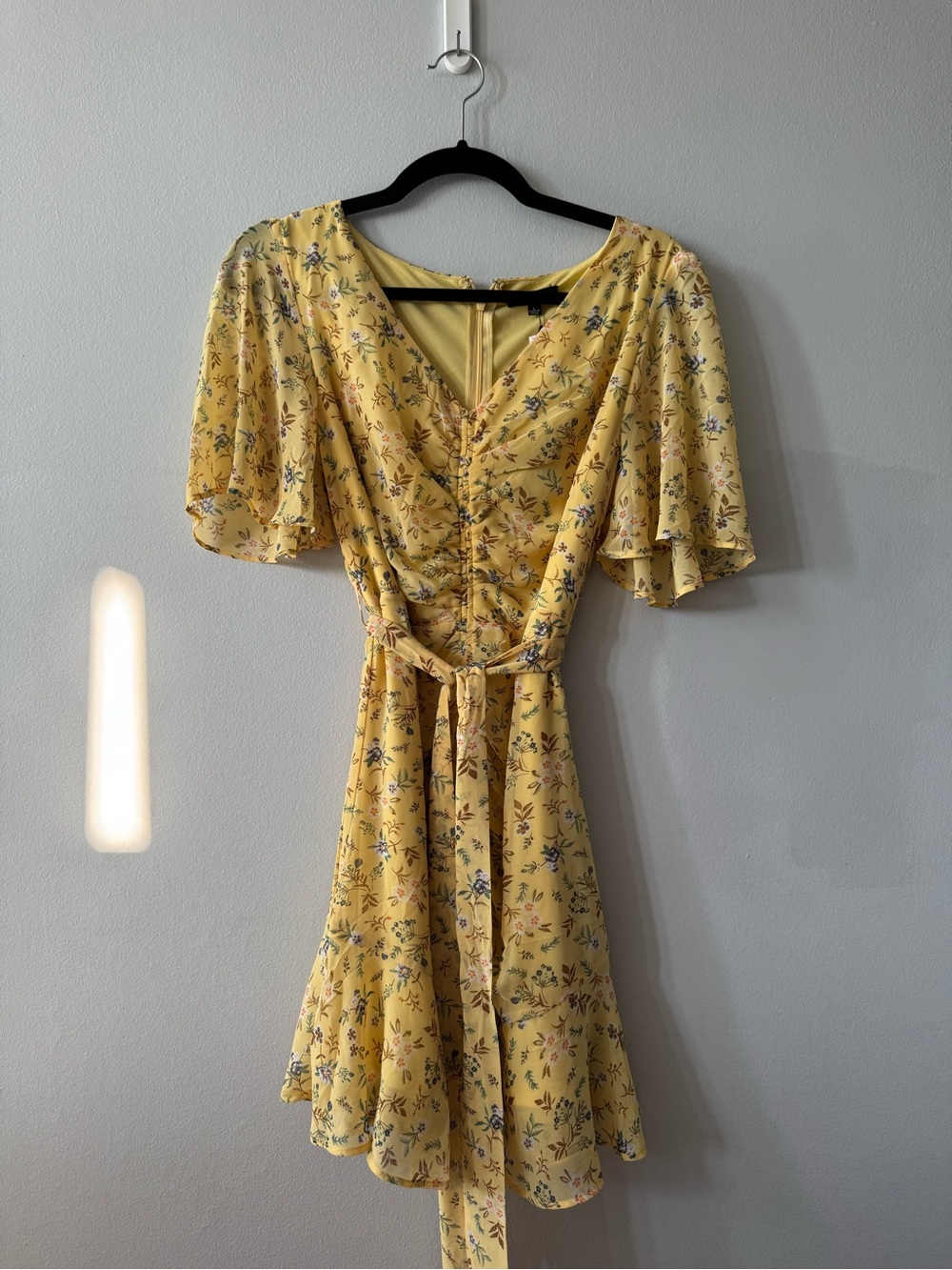 Yellow Floral Wrap Dress with Flutter Sleeves - Picture 2 of 5